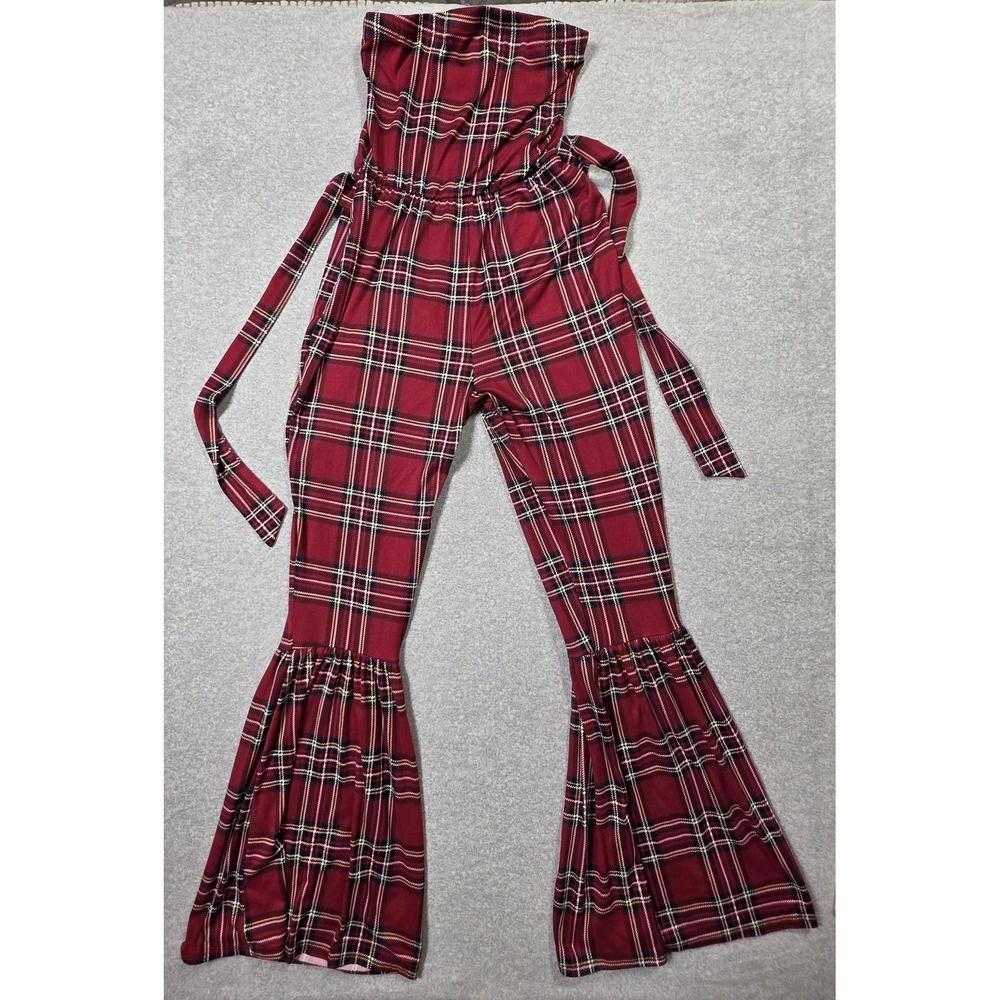 Polly & Esther Juniors XS Red Plaid Strapless Jumpsuit Flare Leg Ruffle Hem